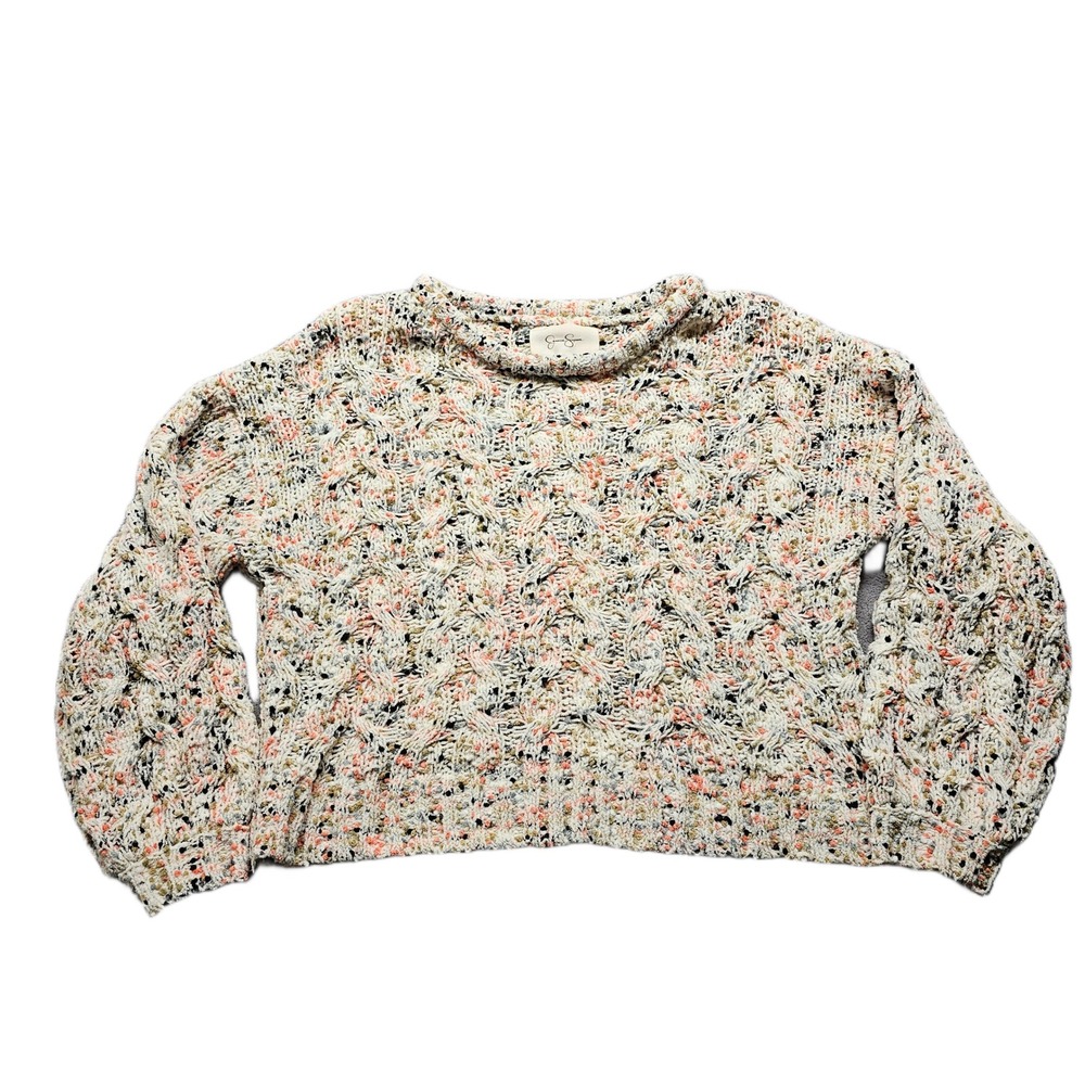 Jessica Simpson Cropped Sweater Womens XS Cream Cable Knit Relaxed Fit Pullover